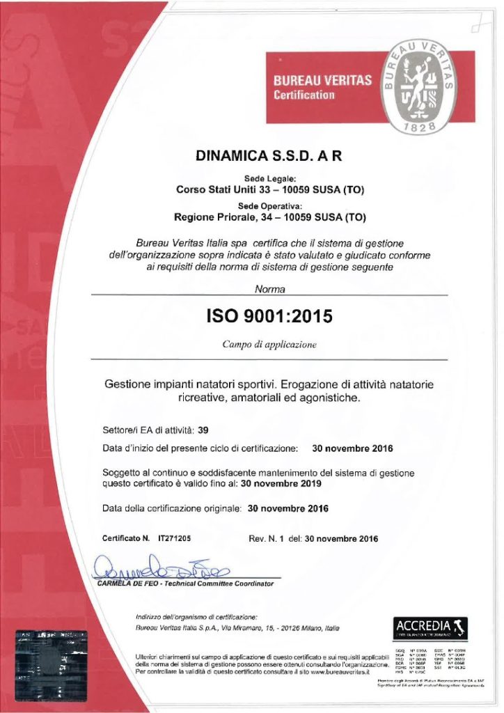 Certificato ISO 9001 Piscina Chieri