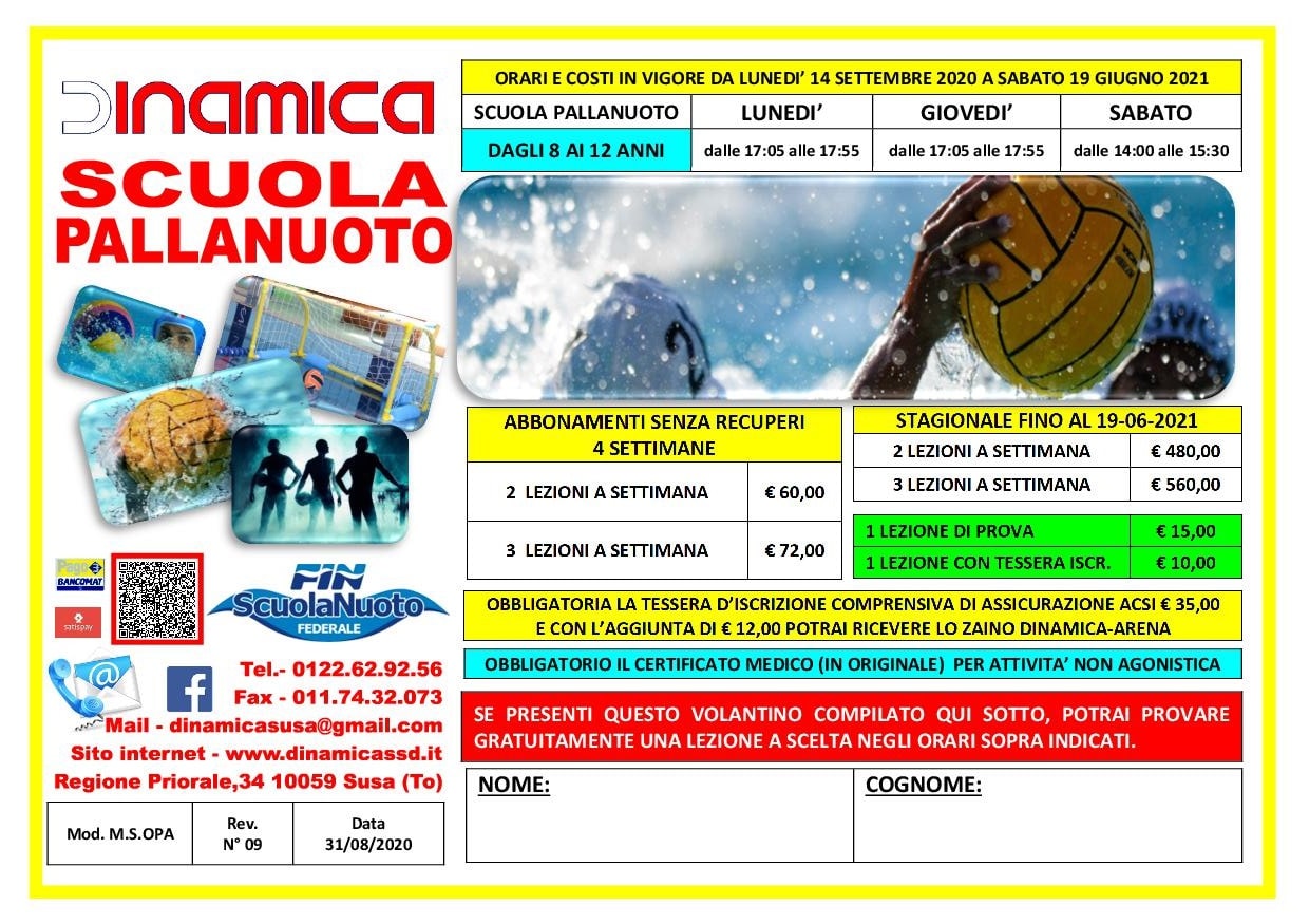 SCUOLA PALLANUOTO rev n°9 31-08-20 Volantino Scuola di Pallanuoto 2019-2020